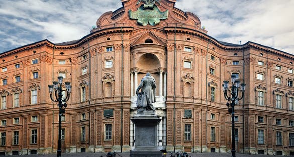 Piazza Carignano, one of the main squares of Turin (Italy) with Palazzo Carignano, historic baroque palace and first italian parliament .