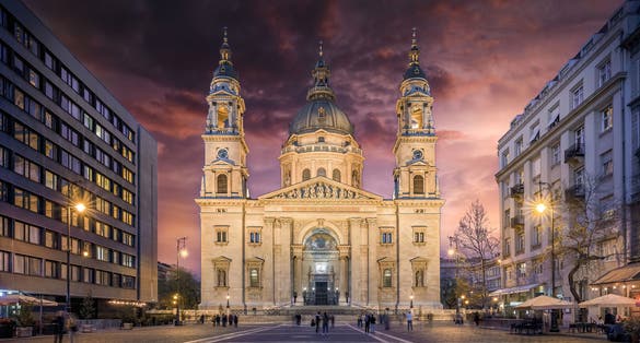 Photo of St. Stephen's Basilica in Budapest, Hungary at night. Roman catholic cathedral in honor of Stephen, the first King of Hungary.