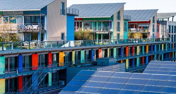 photo of details of the Sunship in green City, Freiburg. The solar sunship is in the solar village Vauban in Freiburg, Black Forest, Germany. It is known for its use of alternative and renewable energy.