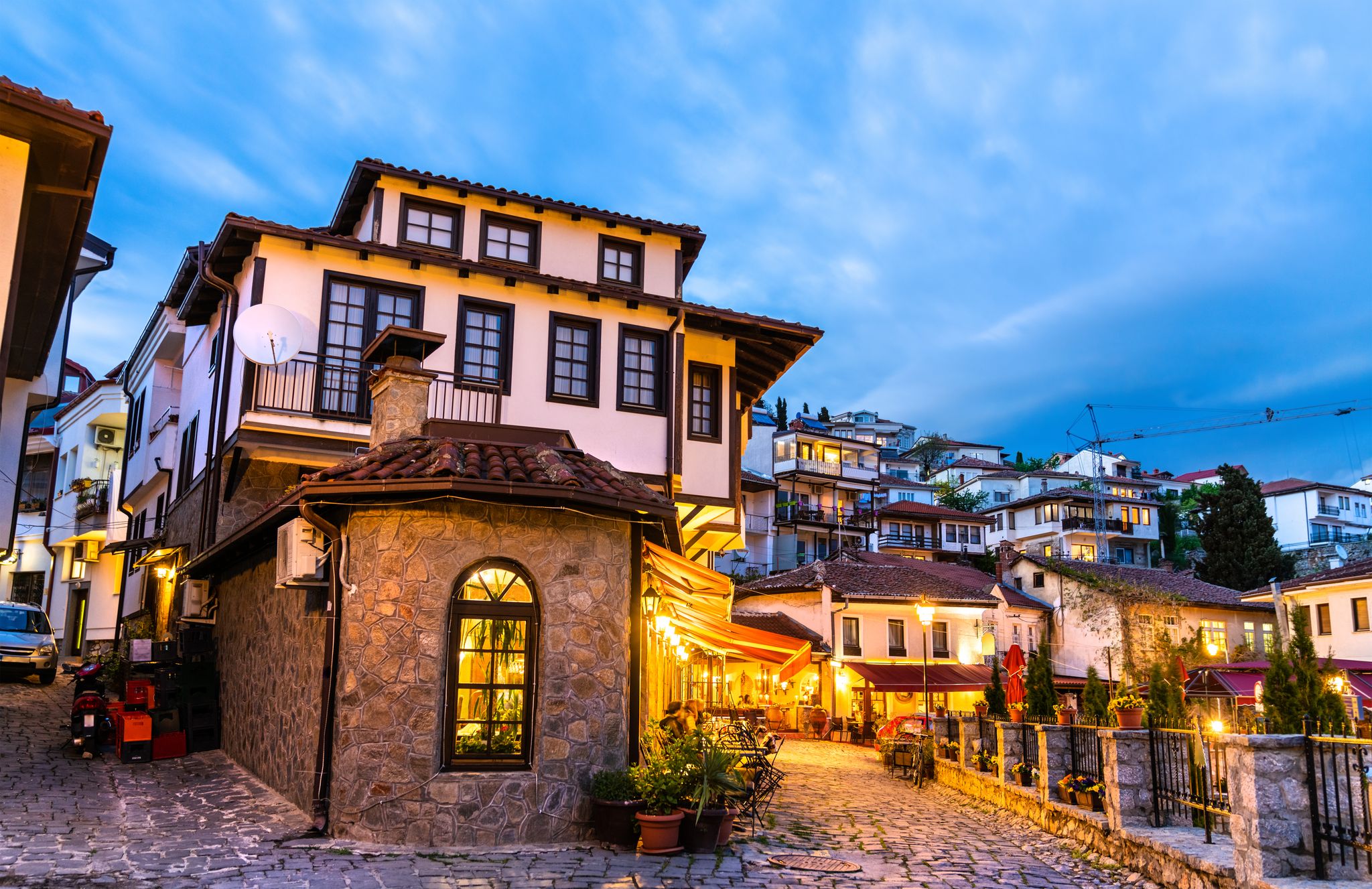 Photo of Old City House at night in old town of Ohrid in Macedonia.
