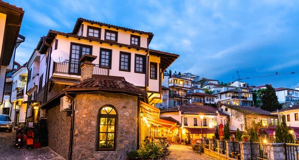 Photo of Old City House at night in old town of Ohrid in Macedonia.