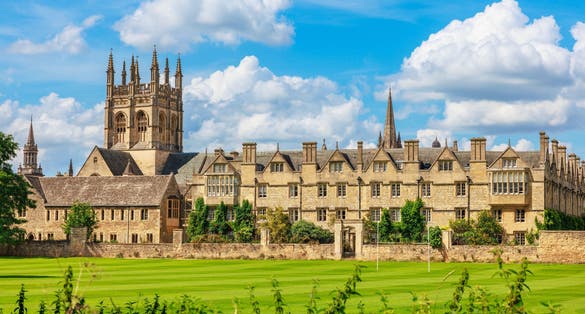 photo of view of View to Merton College of Oxford University from the meadow. Oxford, England