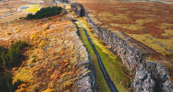 photo of aerial view of thingvellir national park, where two tectonic plates meet.