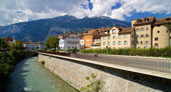 Chur, Switzerland, Waterfront at the Plessur river in the historic old town on a sunny day
