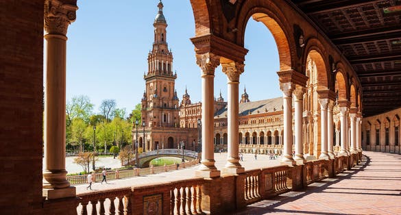 Photo of the Spanish Square (Plaza de Espana) with the building of the National Geographic Institute.