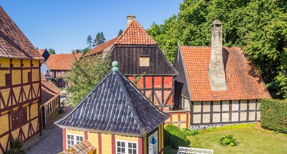 Photo of colorful historic buildings in the old town of Aarhus, Denmark.
