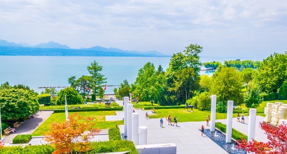Photo of park in front of the International olympic museum in Lausanne, Switzerland.