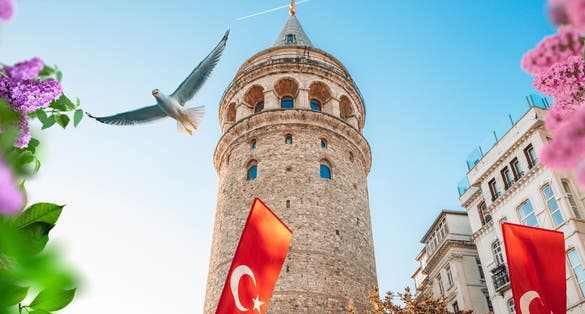 Galata Tower Flag of Turkish, Blue Sky And Gull