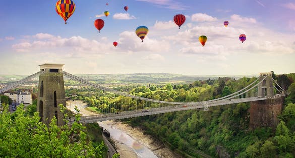 The World Famous Clifton Suspension Bridge, situated in Bristol, UK.During the annual balloon fiesta.