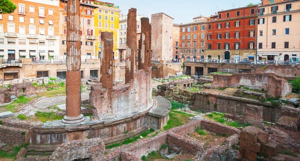 photo of Largo di Torre Argentina square in Rome, Italy with four Roman Republican temples and the remains of Pompeys Theatre in the ancient Campus Martius.