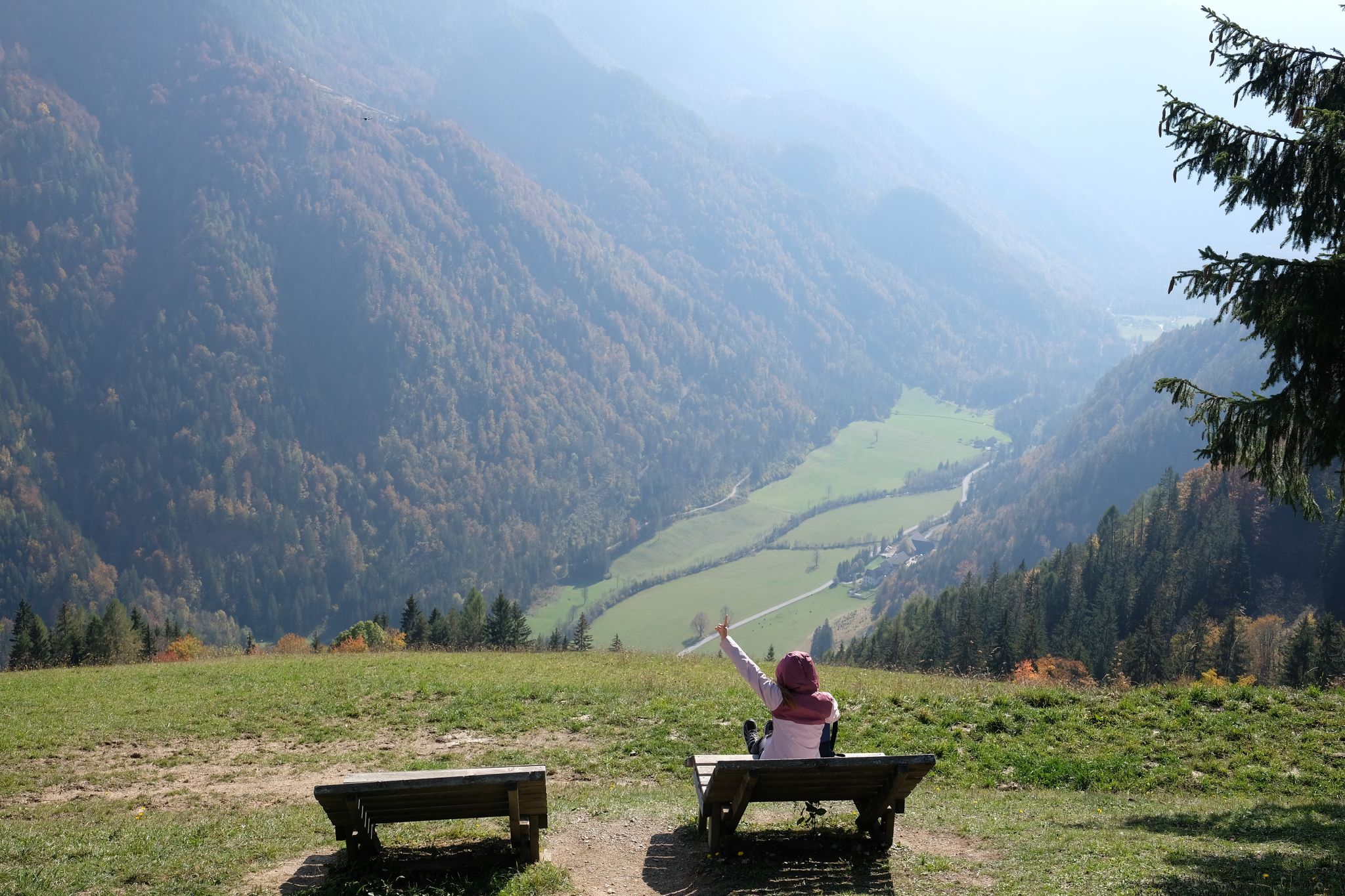 Logar Valley, Slovenia, Girl sitting on bench, Uphill, Scenic, Enjoying