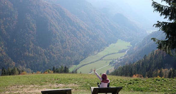 Logar Valley, Slovenia, Girl sitting on bench, Uphill, Scenic, Enjoying