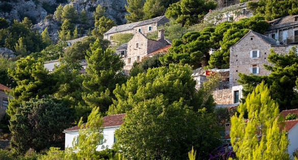 Photo of small houses with vineyards, hidden by green pine trees under steep, sharp rocks of Vidova Gora, the highest mountain on Brac island, Croatia.