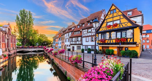 Photo of Petite Venice, water canal and traditional half timbered houses, Colmar, Alsace, France.