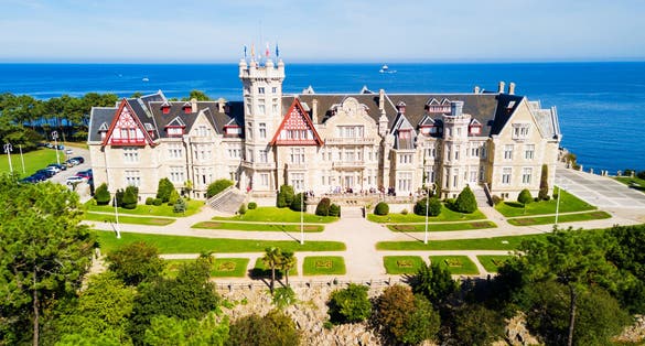 Photo of Palacio de la Magdalena aerial panoramic view, located on the Magdalena Peninsula in Santander city, Spain.