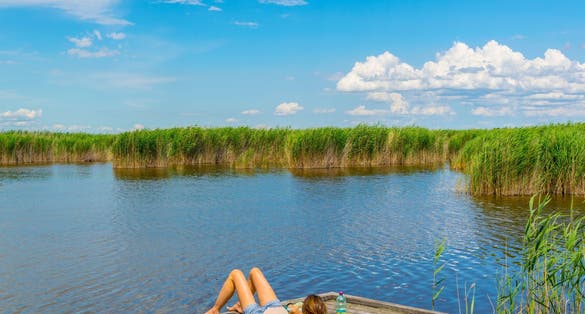 a young lady is sunbathing on a wooden pier surronded by reed on neusiedlersee in Austria.
