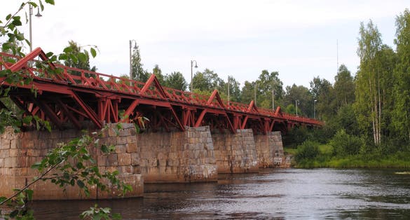 photo of view of Lejonströmsbron, one of Europe's longest wooden bridges, in Skellefteå, Sweden