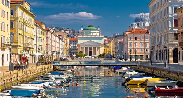 Trieste channel and Ponte Rosso square view, city in Friuli Venezia Giulia region of Italy