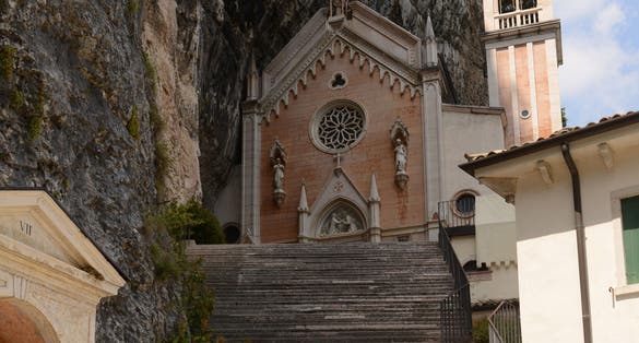 Santuario Madonna della Corona church in Ferrara di Monte Baldo, Verona, Italy. A place of silence and meditation, extended between heaven and earth, hidden in the heart of the Baldo rocks.