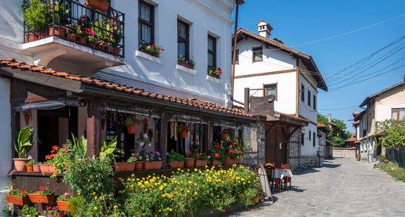 Photo of Typical street and buildings at The old town of Bansko, Blagoevgrad Region, Bulgaria.