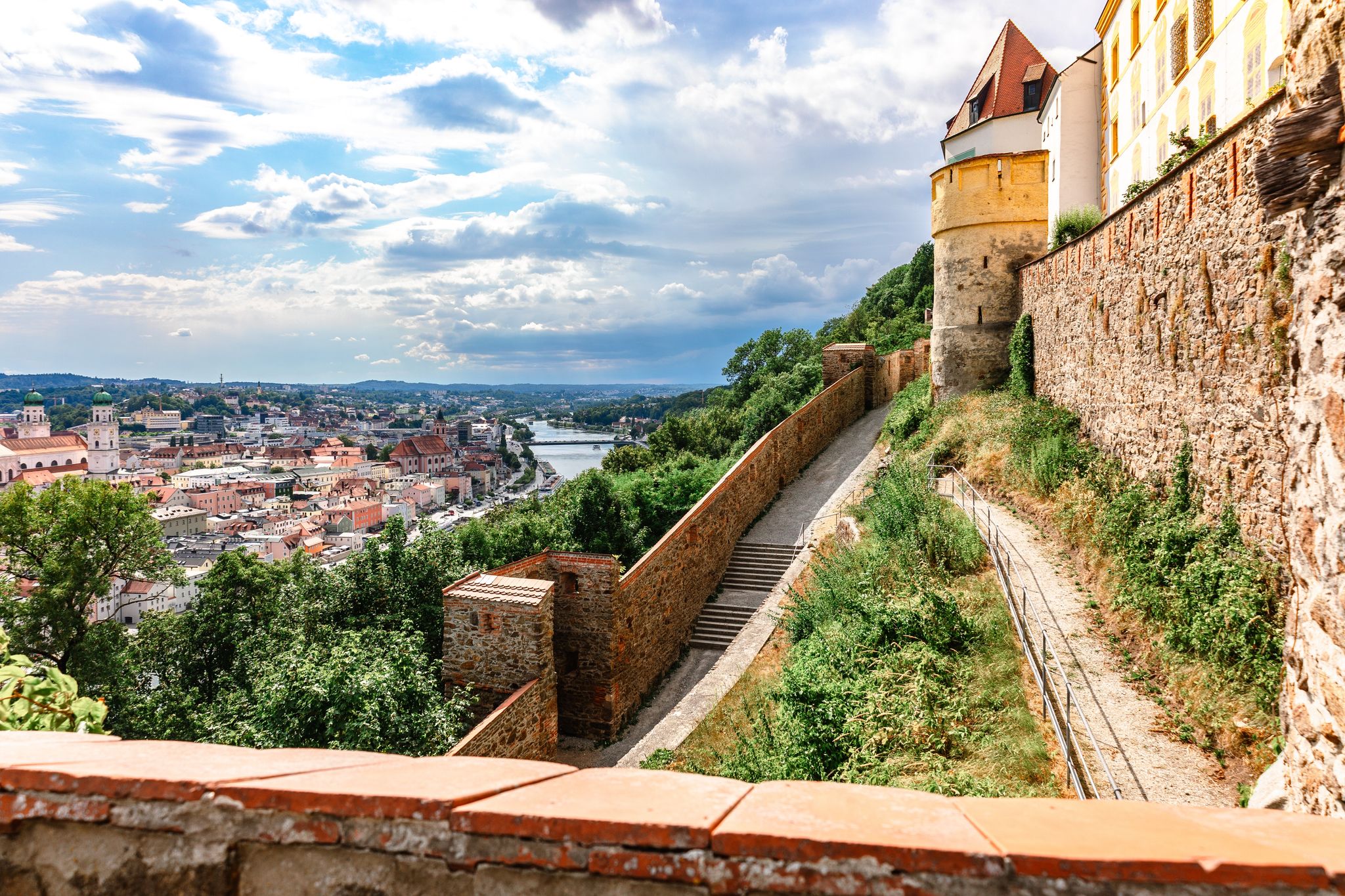 Panoramic view of Passau. Aerial skyline of old town from Veste Oberhaus castle . Confluence of three rivers Danube, Inn, Ilz, Bavaria, Germany.