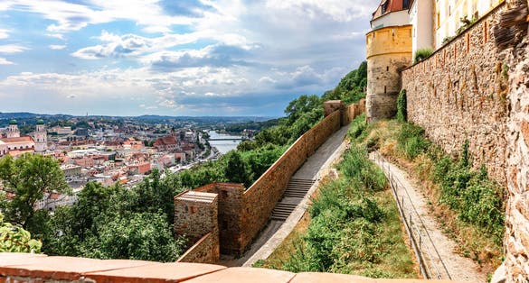 Panoramic view of Passau. Aerial skyline of old town from Veste Oberhaus castle . Confluence of three rivers Danube, Inn, Ilz, Bavaria, Germany.