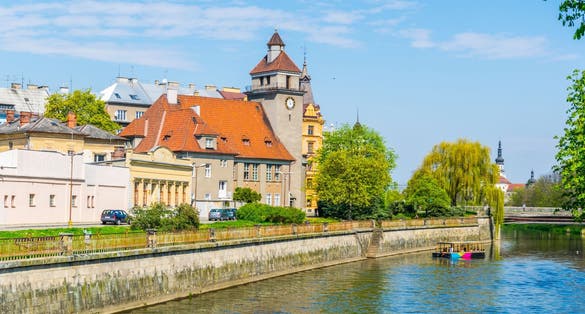 Riverside of the morava river with an evangelical church in the czech city Olomouc.