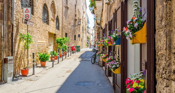 Narrow cobblestone street in Taranto historical city center. Typical italian street with flowers in pots, bicycle and stone walls of buildings in sunny day, Puglia Apulia, Italy