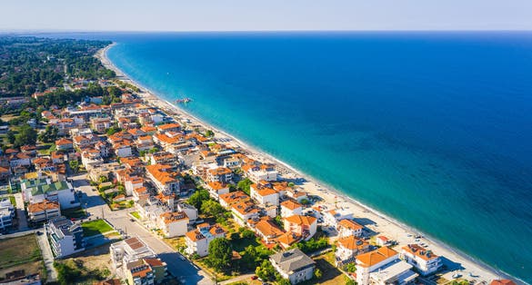 Photo of aerial View of the Coastline and Beach of Leptokarya, Greece.