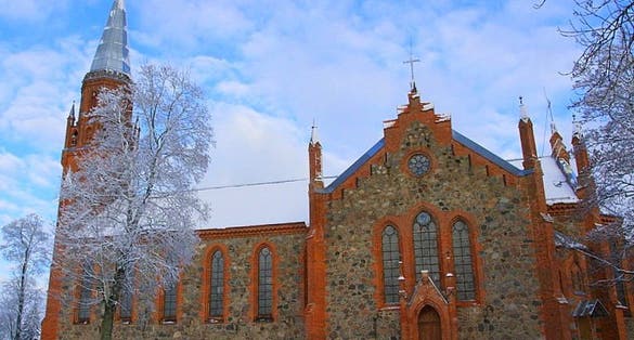 Photo of Church of St. Paul in winter in Viljandi, Estonia, the church was built in 1863-1866 in Neo-Gothic style with elements of Tudor Gothic.