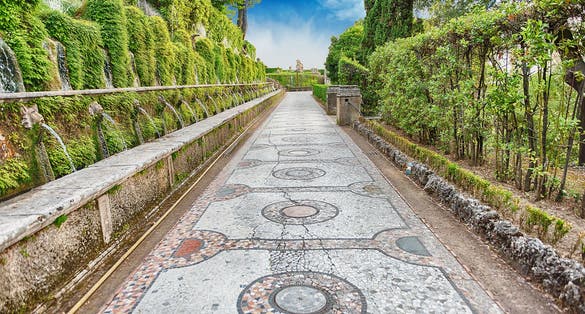 The hundred fountains, iconic spot in Villa d'Este, Tivoli, Italy
