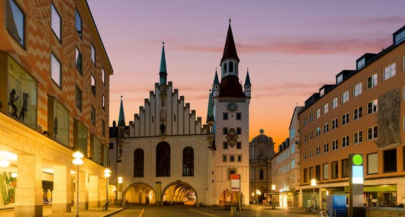 photo of Munich Old Town Hall near Marienplatz town square at night in Munich, Germany..