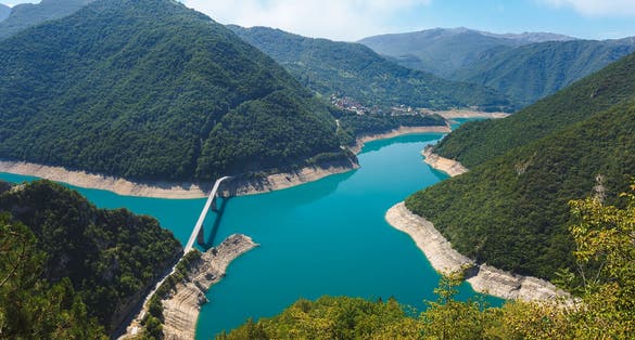 Photo of Famous Piva canyon and bridge across the lake, Plužine Municipality, Montenegro.
