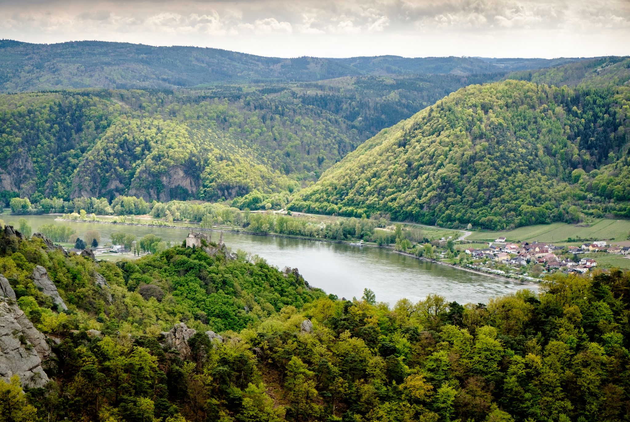Krems an der Donau. Rocky hills and river Donau.
