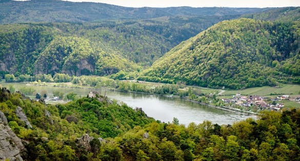 Krems an der Donau. Rocky hills and river Donau.