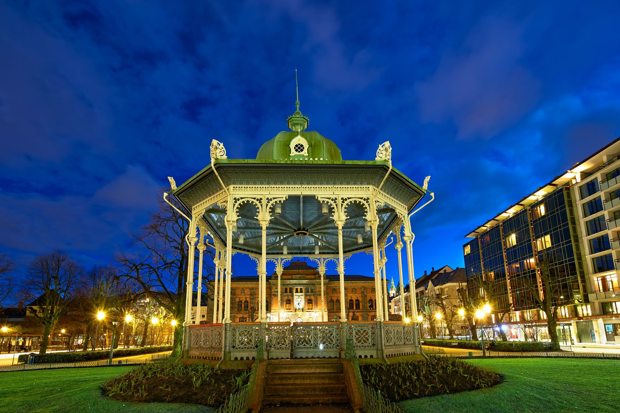Musikkpaviljongen in Bergen City Park at dusk, Norway