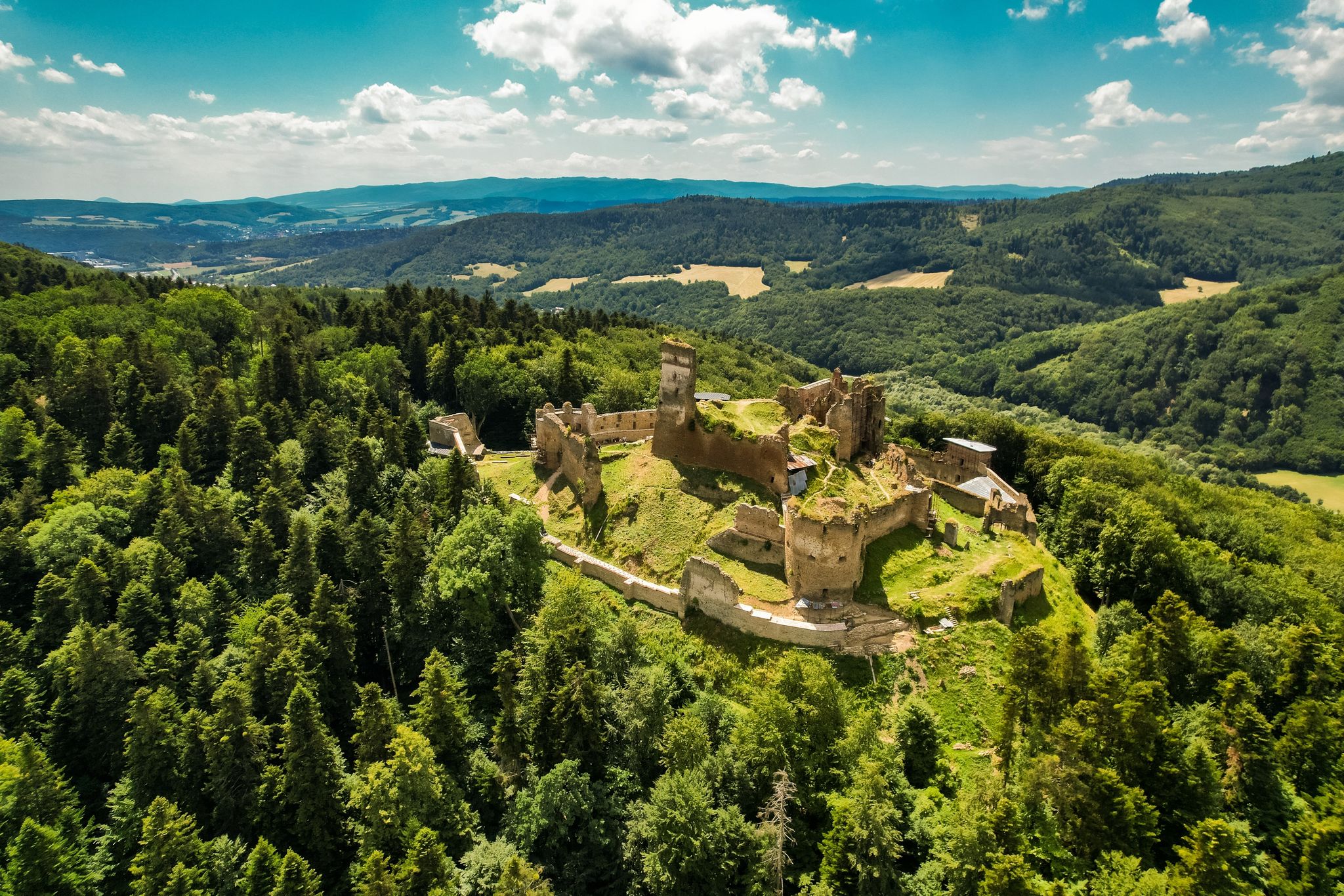 Photo of An aerial view of the medieval Zborov Castle, Slovakia.