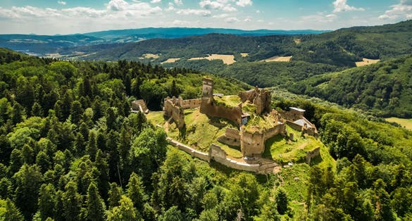 Photo of An aerial view of the medieval Zborov Castle, Slovakia.