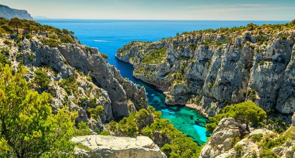 Photo of Breathtaking viewpoint on the cliffs, Calanques D'En Vau bay, Calanques National Park near Cassis fishing village, Provence, South France, Europe.