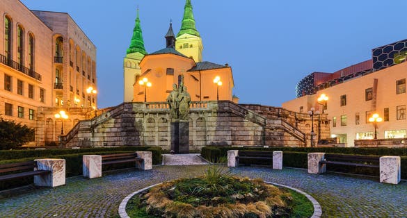 photo of view of Trinity Cathedral in Zilina, Slovakia in the evening.