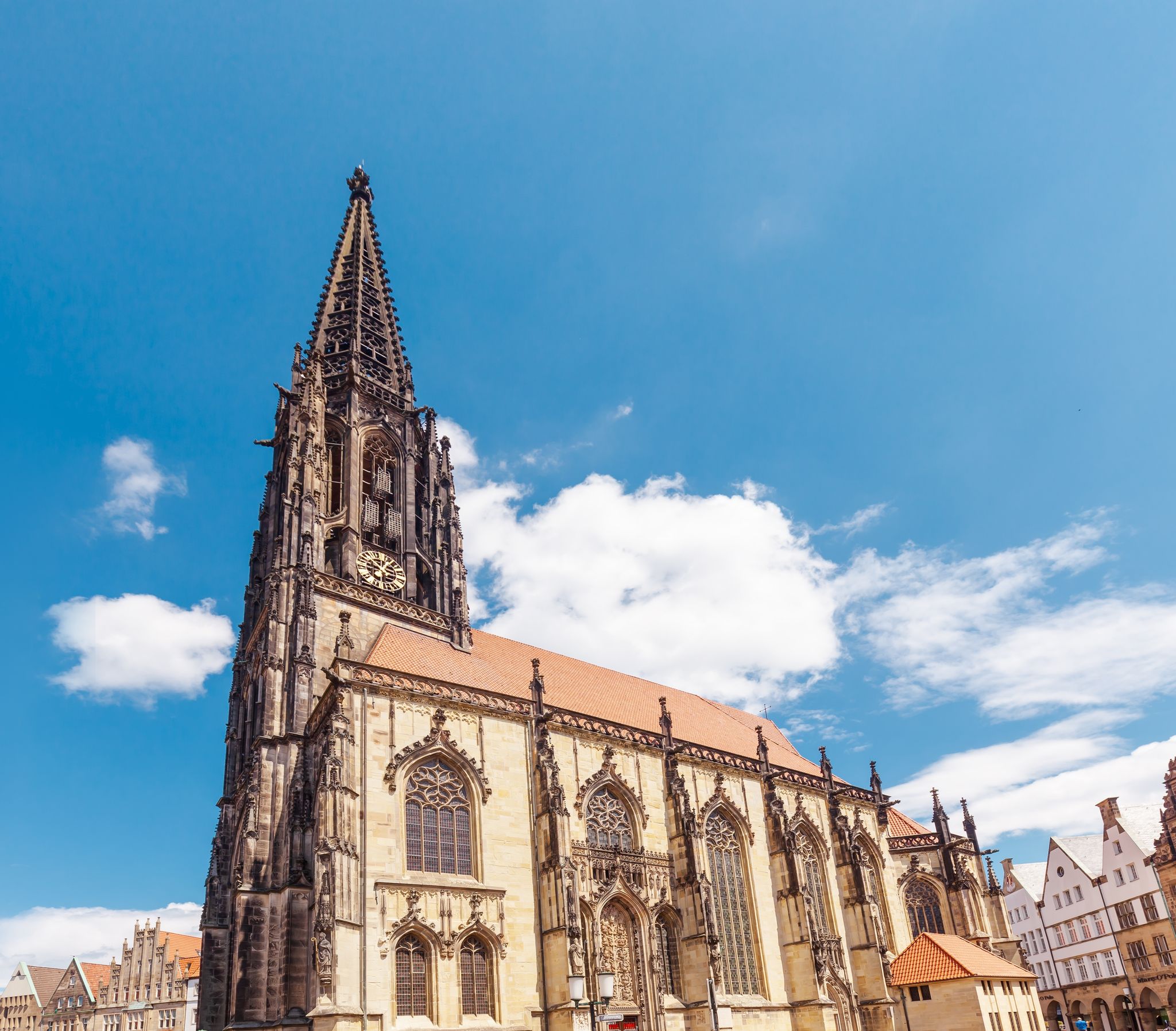 St. Lamberti - Roman Catholic church from below. St. Lamberti in Muenster. Town in North Rhine Westphalia, Germany, Europe