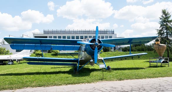 blue plane with propeller in Aviation Museum exhibition in Krakow