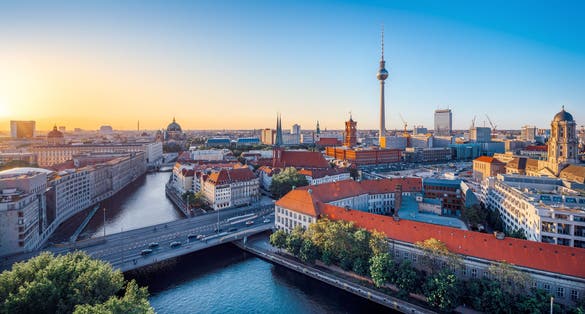 photo of view of Berlin, Germany - 01. March 2023 the skyline of berlin during sunset