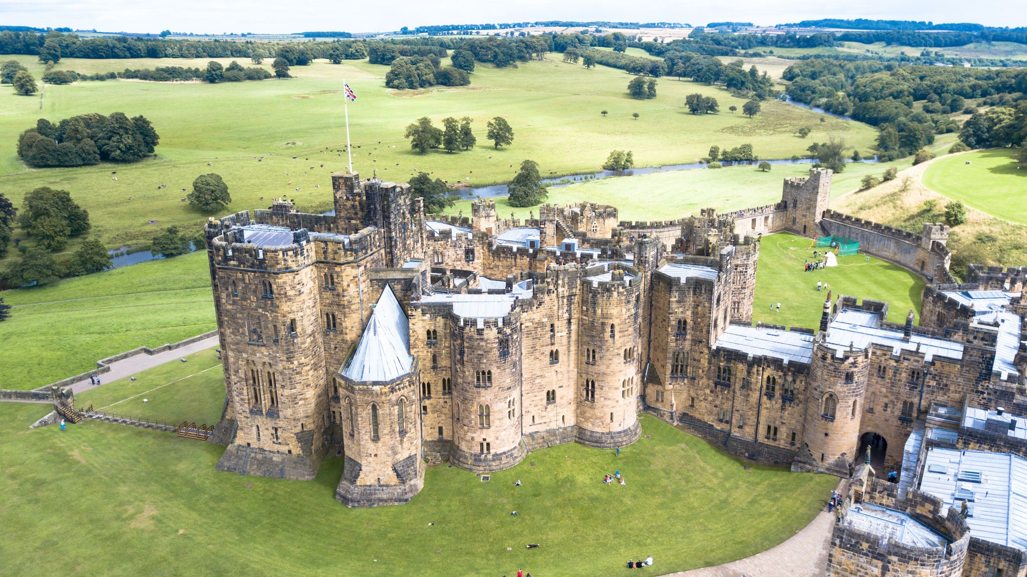 Photo of aerial view of Alnwick Castle, England.