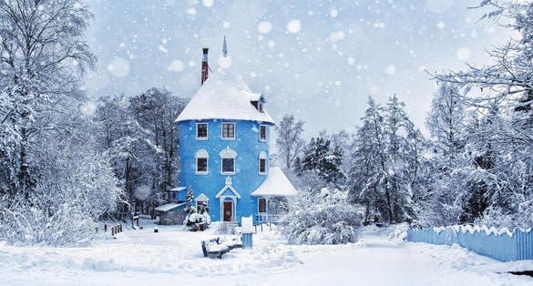 Photo of Moomin House in Park Moomin world in winter, Naantali, Finland.