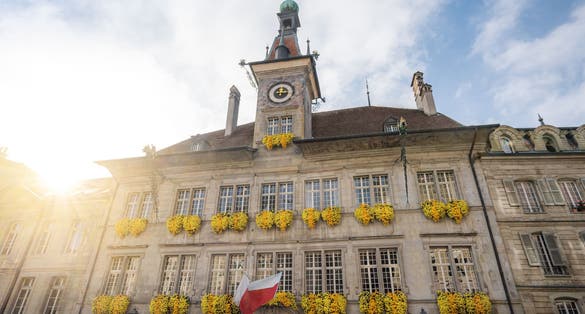 photo of Lausanne Town Hall at Place de la Palud at morning in Lausanne, Switzerland.