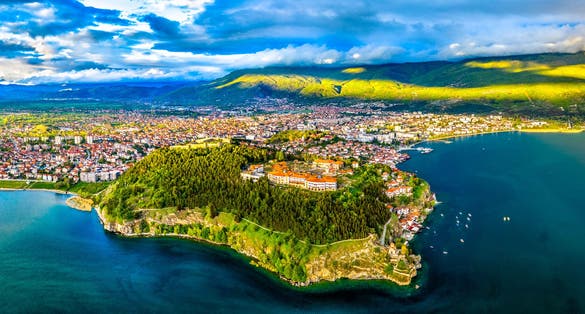 Photo of aerial view of Samuel's Fortress and Plaosnik at Ohrid in North Macedonia.