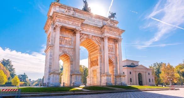 Photo of Arch of Peace, or Arco della Pace, city gate in the centre of the Old Town of Milan in the sunny day, Lombardia, Italy.