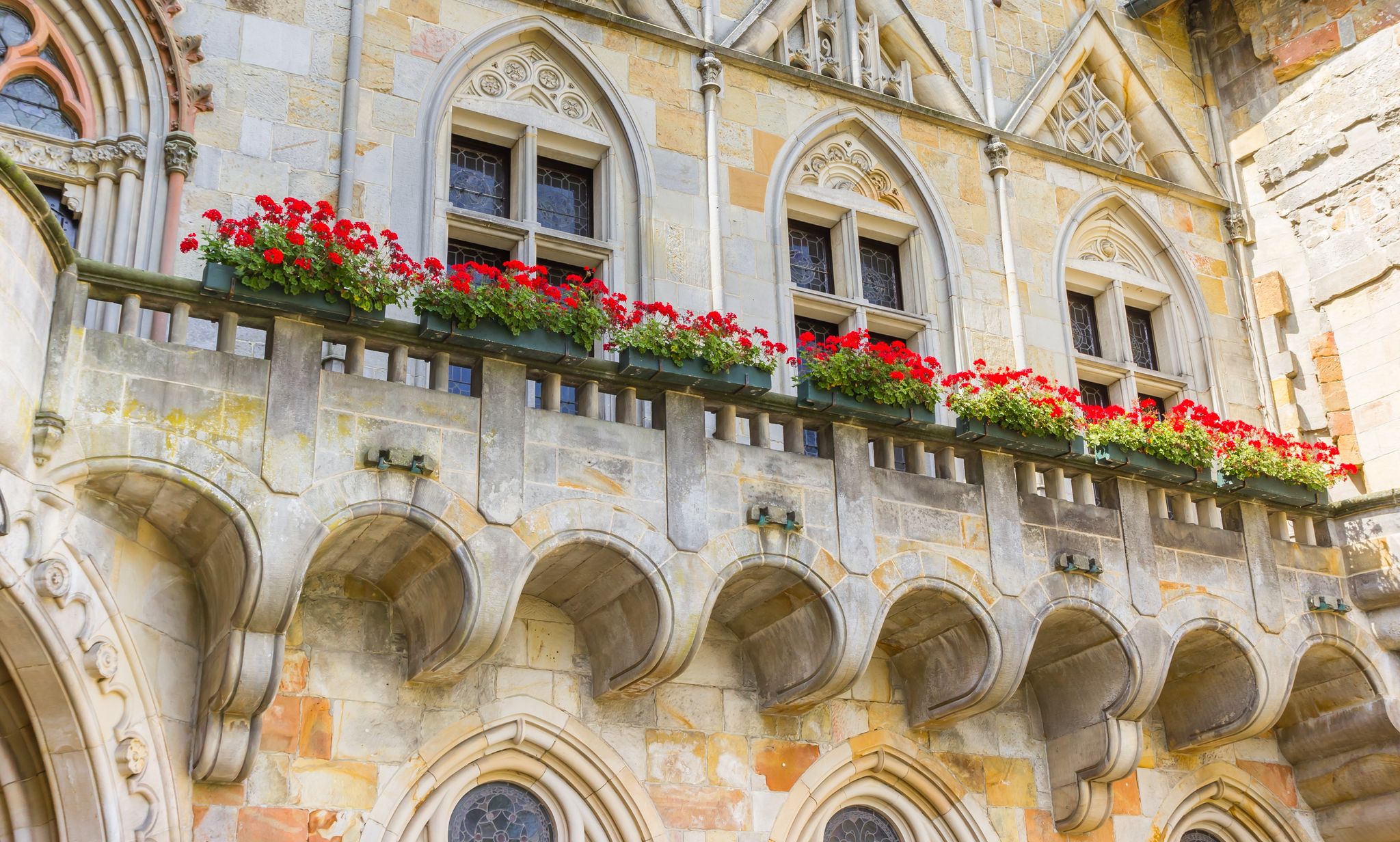 Flowers on the balcony of the historic castle in Bad Bentheim, Germany