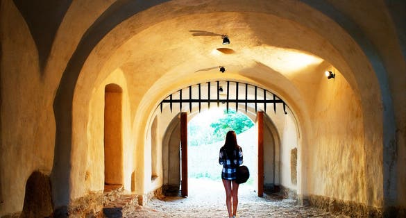 Photo of Deva Fortress, built in the mid-thirteenth century at the top of the Fortress Hill, on the place of a Dacian settlement, Romania, Europe .